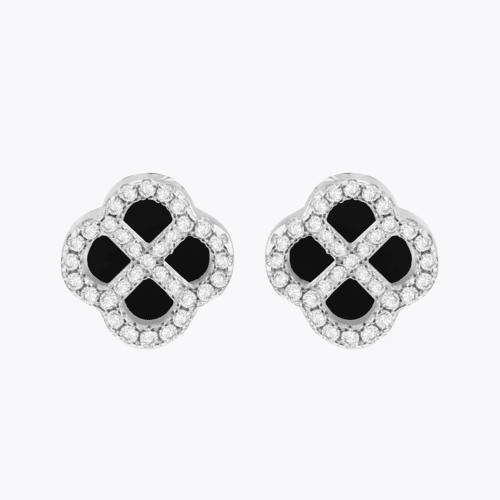 Sterling Silver 11mm Black Agate & Cubic Zirconia Clover Stud Earrings