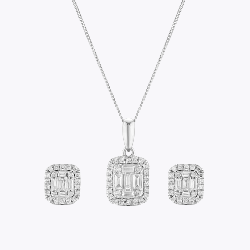 9ct White Gold & 0.50ct Diamond Emerald Shaped Halo Earrings & Necklace Set