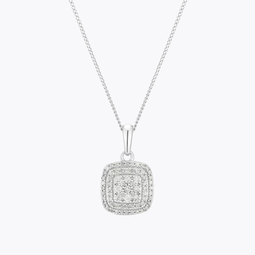 9ct White Gold 0.25ct Diamond Cushion Cluster Pendant Necklace
