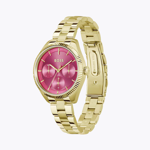 BOSS Sage Sport 34mm Fuchsia Pink Dial & Light Yellow Gold Tone IP Bracelet Watch