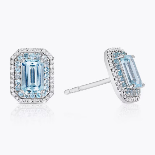 9ct White Gold Aquamarine 0.12ct Diamond Double Halo Earrings
