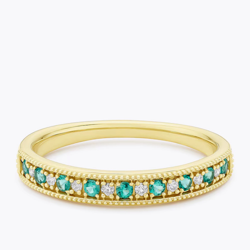 9ct Yellow Gold Green Emerald & Diamond Round Ring
