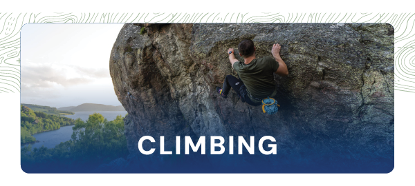 CLIMBING. Image depicts a man bouldering. 