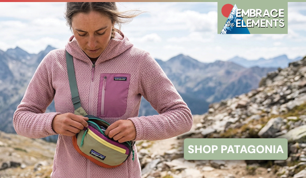 EMBRACE THE ELEMENTS: SHOP PATAGONIA. A woman reaches into a Patagonia Terravia Mini Hip Pack 1L , wearing Patagonia Women's R1 Air Full Zip Hoody in Pink. 