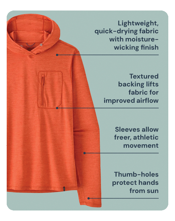 Patagonia Capilene Cool Sun Hoody. Available in Men's Orange and Women's Light Blue. Lightweight, quick-drying fabric with moisture-wicking finish. Textured backing lifts fabric for improved airflow. Sleeves allow freer, more athletic movement. Thumb-holes protect hands from sun. 
