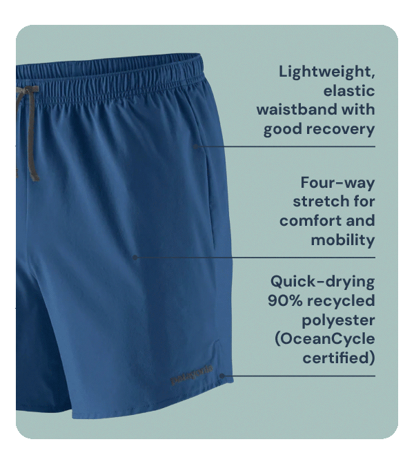Patagonia Trailfarer Running Shorts. Available in Women's Orange and Men's Blue. Lightweight, elastic waistband with good recovery. Four-way stretch for comfort and mobility. Quick-drying 90% recycled polyester (OceanCycle certified) 