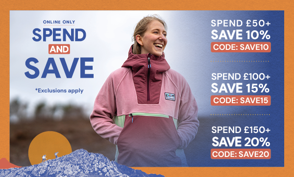 ONLINE ONLY: SPEND AND SAVE. Exclusions apply. Spend £50+, Save 10% with code SAVE10. Spend £100+, save 15% with code SAVE15. Spend £150+, save 20% with code SAVE20. A smiling woman stands in a field wearing a Passenger Women's Alexander 1/2 Zip Hooded Fleece in Pink. 