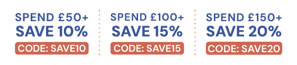 Spend £50, save 10% with code SAVE10; Spend £100+, save 15% with code SAVE15; Spend £150+, save 20% with code SAVE20. 