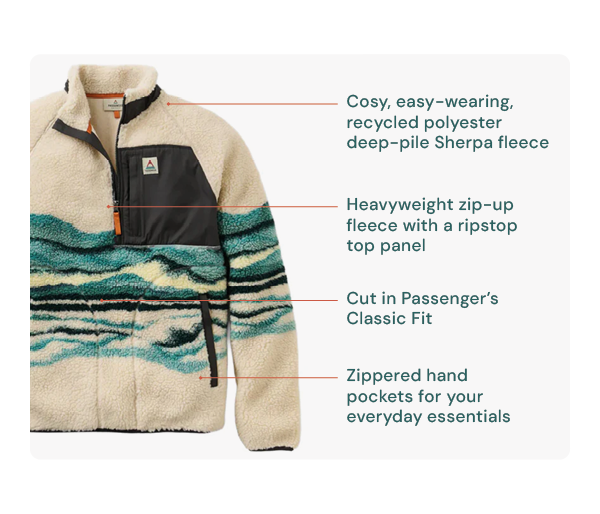 Passenger Men's Offroad Sherpa 1/2 Zip Fleece in Cream/Blue. Cosy, easy-wearing, recycled polyester deep-pile Sherpa Fleece; Heavyweight zip-up fleece with a ripstop top panel; cut in Passenger's Classic Fit; Zippered hand pockets for your everyday essentials. 