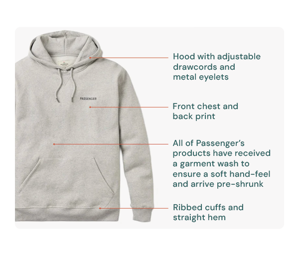 Passenger Men's Roamer Hoodie - Grey. Hood with adjustable drawcords and metal eyelets; Front chest and back print; All of Passenger's products have received a garment wash to ensure a soft hand-feel and arrive pre-shrunk; Ribbed cuffs and straight hem. 