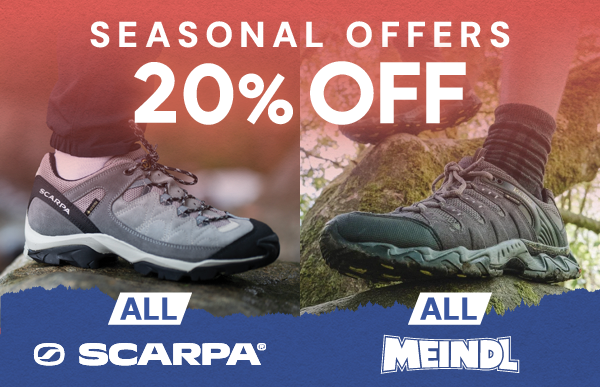 SEASONAL OFFERS. 20% OFF ALL SCARPA & MEINDL. On the left, a Scarpa Women's Vortex Approach Shoe. On the right, a Meindl Men's Respond GORE-TEX Walking Shoe
