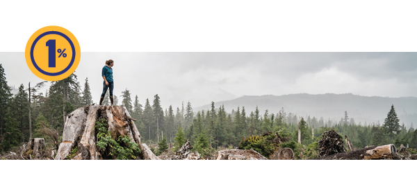 A man stands on the stump of a tree, looking out across a logged forest. On the left, a blue 1% graphic against a yellow circle. 
