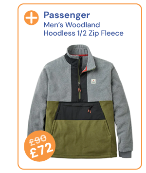 Passenger Men's Woodland Hoodless 1/2 Zip Fleece - Grey / Green. Reduced from £90 to £72.