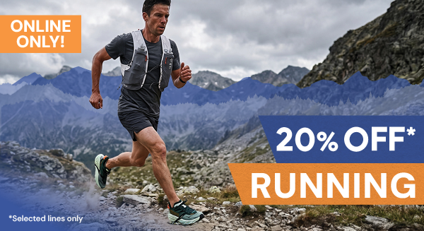 ONLINE ONLY: 20% OFF RUNNING* *Selected Lines Only. A man runs along a mountain trail wearing a Rab Veil 6L Lightweight Running Vest and Hoka Men's Speedgoat 7 Trail Running Shoes