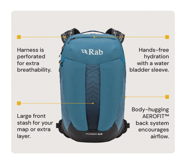 Harness is perforated for extra breathability; Hands-free hydration with a water bladder sleeve; Large front stash for your map or extra layer; Body hugging AEROFIT back system encourages airflow. Gif alternates betweeen Rab Airox 18L Backpack in blue and Rab Airox 24L Backpack in black.