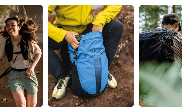 3 images, the left and right cut in half. On the left, a smiling woman runs along a trail wearing a Rab hydration vest. In the centre, a man stashes gear in an Airox 18L Backpack. On the right, a man hikes on a trail wearing a Rab Airox 24L Backpack in black.