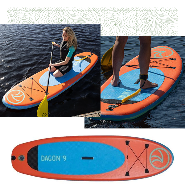 Freespirit Dagon 9ft Inflatable Stand-up Paddleboard Package. Two images show a woman sitting and standing on board, an image of the board beneath.