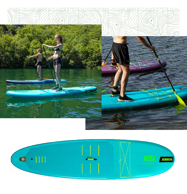 Jobe Aero Nera Stand-up Paddleboard 10.6 Package. Two images. On the left two women paddleboard along a river, on the right a man paddleboards on a loch. All three are ridiing Jobe Aero Nero Stand-Up Paddleboards. Beneath, a shot of the board.