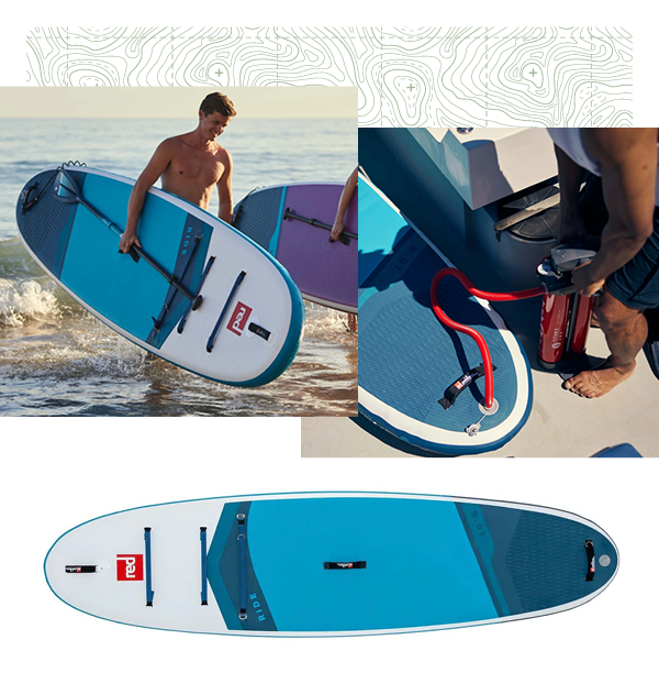 Red Equipment Ride 10ft 6in MSL Inflatable Paddleboard Package. Two images of a man carrying a Red Equipment Ride 10ft 6in MSL Inflatable Paddleboard. Beneath, an image of the board. 