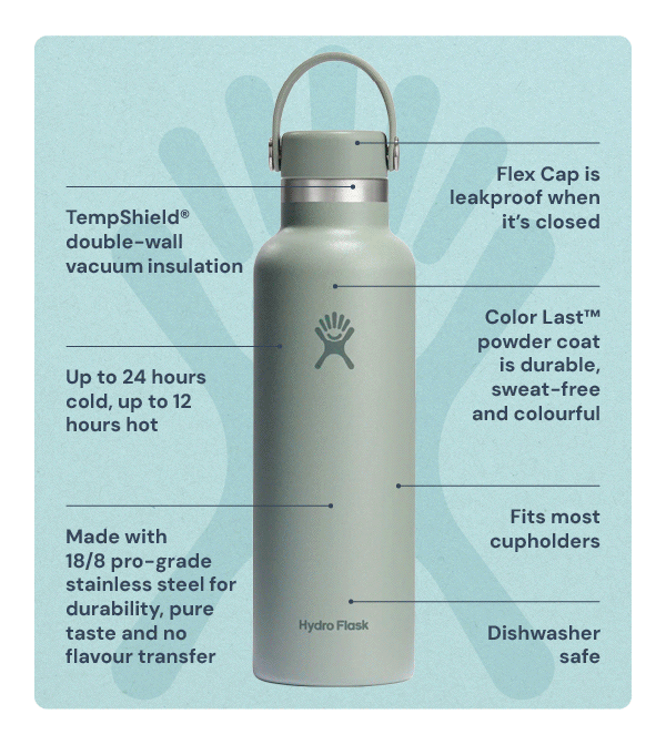 Hydro Flask 21oz Standard Mouth Water Bottle. Available in Blue, Green, . Flex Cap is leakproof when it's closed; Tempshield double-wall vacuum insulation; Color Last Powder coat is durable, sweat-free and colourful; Up to 24 hours cld, up to 12 hours hot; Fits most cupholders; Made with 18/8 pro-grade stainless steel for durability, pure taste and no colour transfer; dishwasher safe.