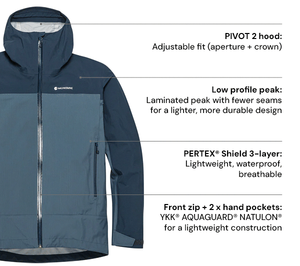 Montane Norste Waterproof Jacket. Available in Men's Navy and Women's Green. Features Pivot 2 Hood with adjustable fit on aperture & crown; Low profile laminated peak with fewer seams for a lighter, more durable design; Made with lightweight, waterproof and breathable 3-layer PERTEX Shield; with front zip & 2 hand pockets made with YKK AQUAGUARD NATULON for a lightweight construction.