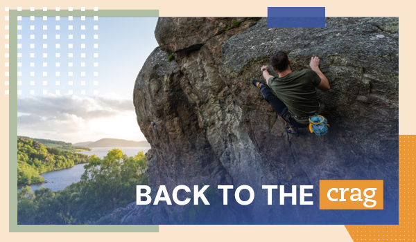 BACK TO THE CRAG. A rock climber climbing a cliff face, a loch visible in the distance.