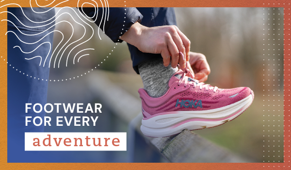 FOOTWEAR FOR EVERY ADVENTURE. A woman ties the laces of a Hoka Women's Bondi 9 Road Running Shoe in pink.