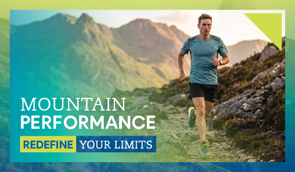 MOUNTAIN PERFORMANCE: REDEFINE YOUR LIMITS. A man runs on a mountain trail, wearing Dynafit Men's Sky Tech T-Shirt in Blue.