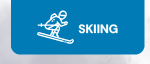 SKIING: A white graphic of a skier on a blue button.