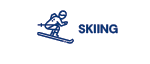 SKIING: A blue graphic of a skier on a white button.