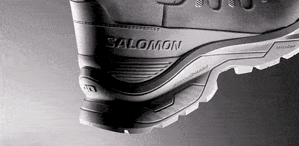 A short gif, with a bright green highlight against a grey CG rendering of a Salomon shoe. Annotation reads Stablity, Agility, Durability and Waterproofing. 