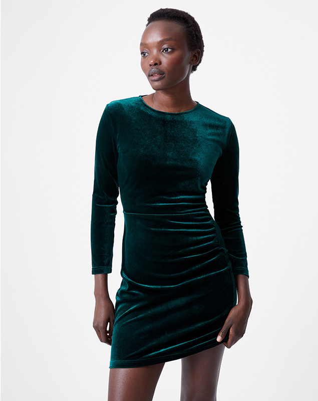 Velvet Ruched Long Sleeve Mini Dress