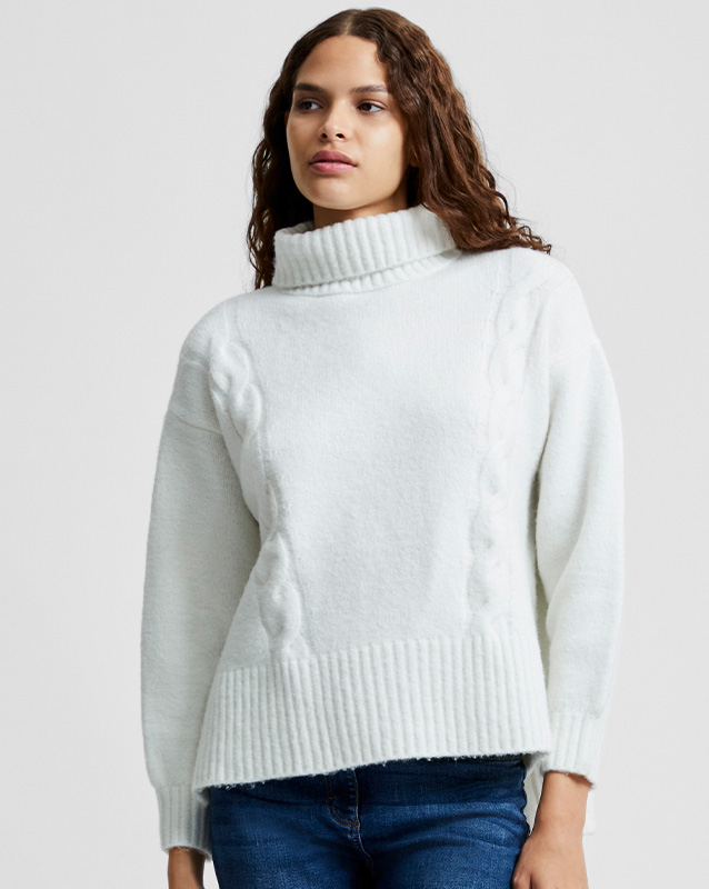 Funnel Neck Stepped Hem Cable Knit Jumper