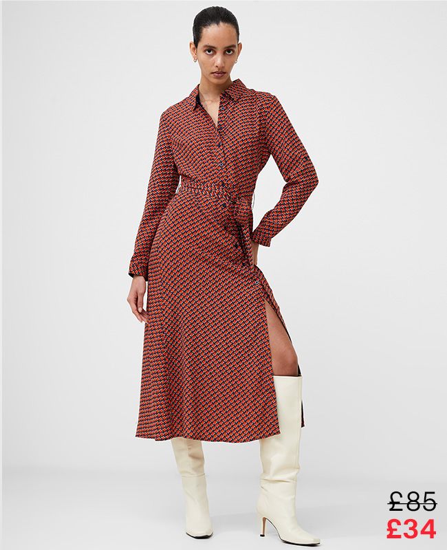 Abstract Belted Midi Shirt Dress