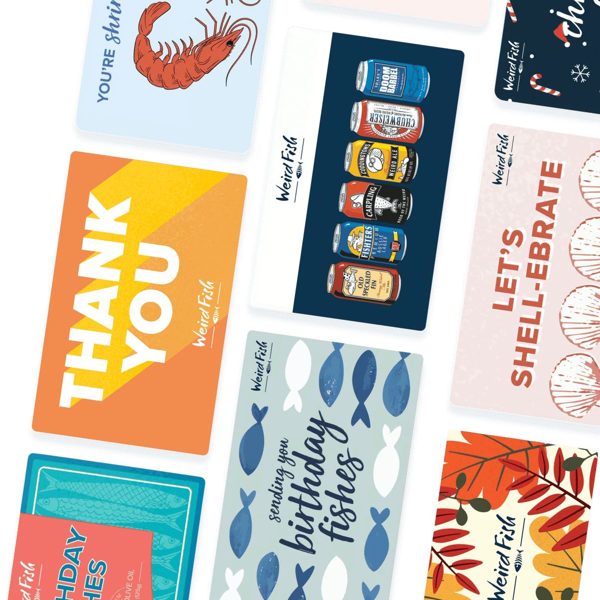 A selection of Weird Fish gift cards