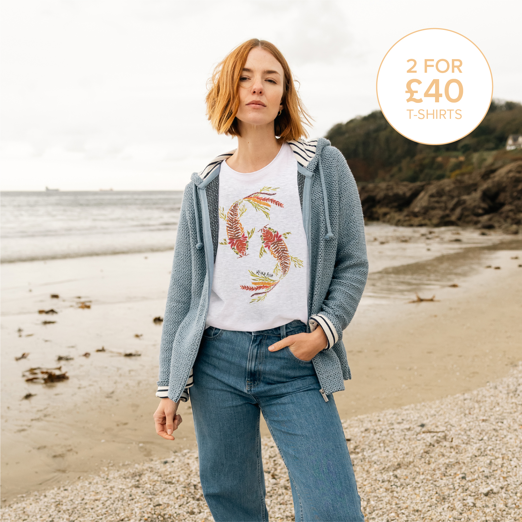 Fern Koi Carp Front Print Cotton Graphic T-Shirt Light Grey Marl