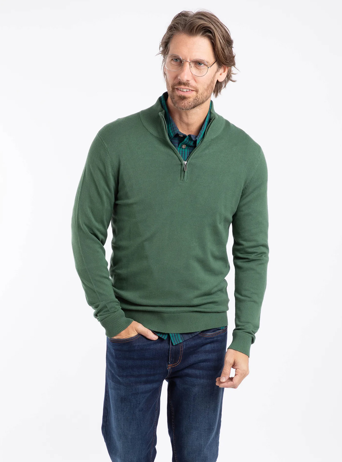 Frederick 1/4 Zip Fine Knit Jumper Army Green