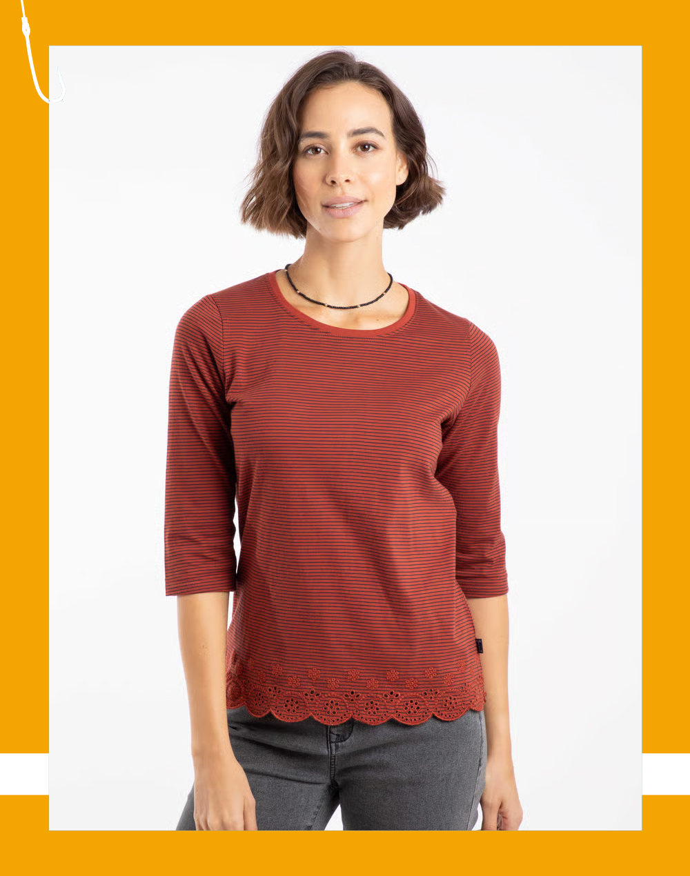 Raven Striped Embroidered Hem Top Conker