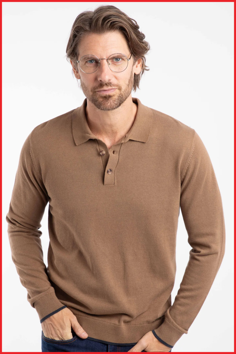 Alden Long Sleeve Knitted Polo Mocha