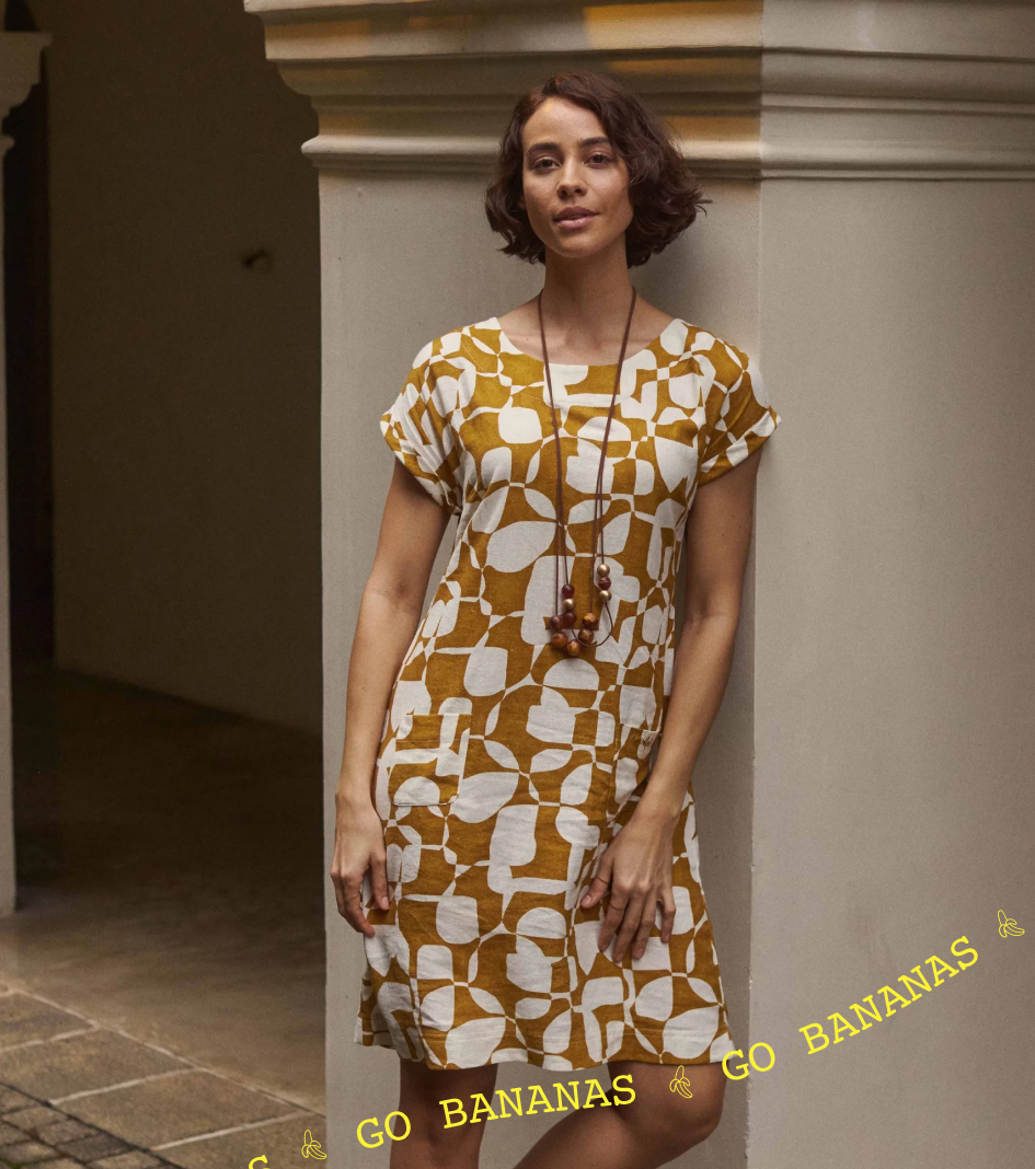 Orlando Printed Linen Rich Shift Dress Ochre