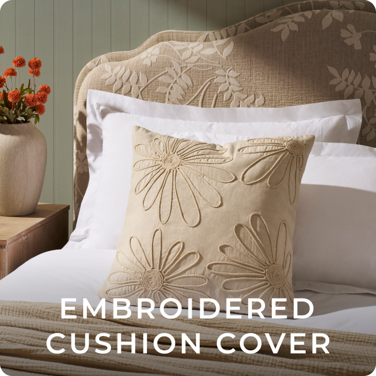 Cotton Embroidered Flower Cushion Cover - Natural
