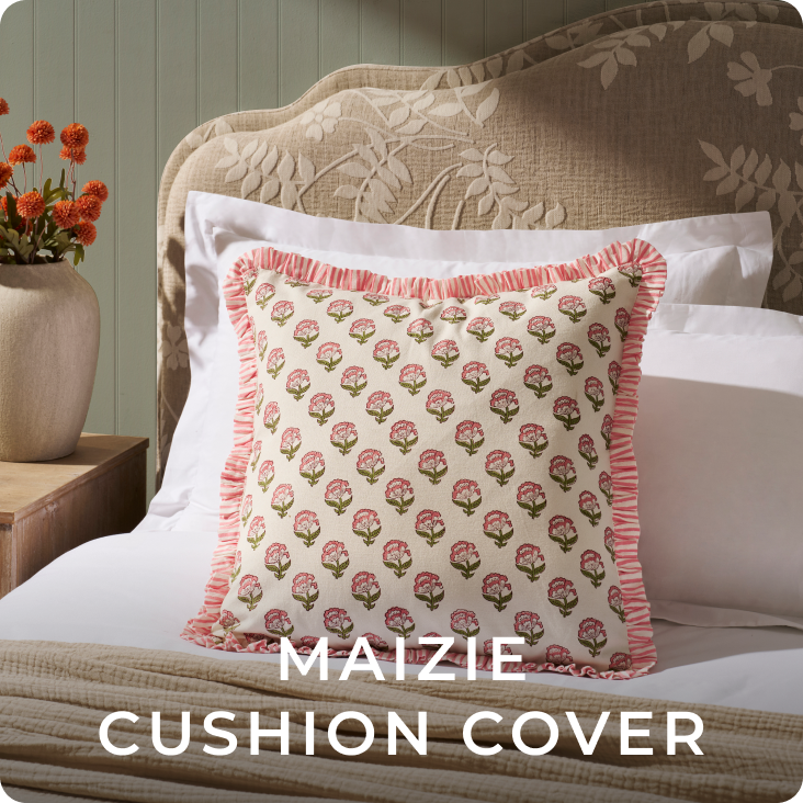 Maizie 100% Cotton Frill Edge Printed Cushion Cover - Pink