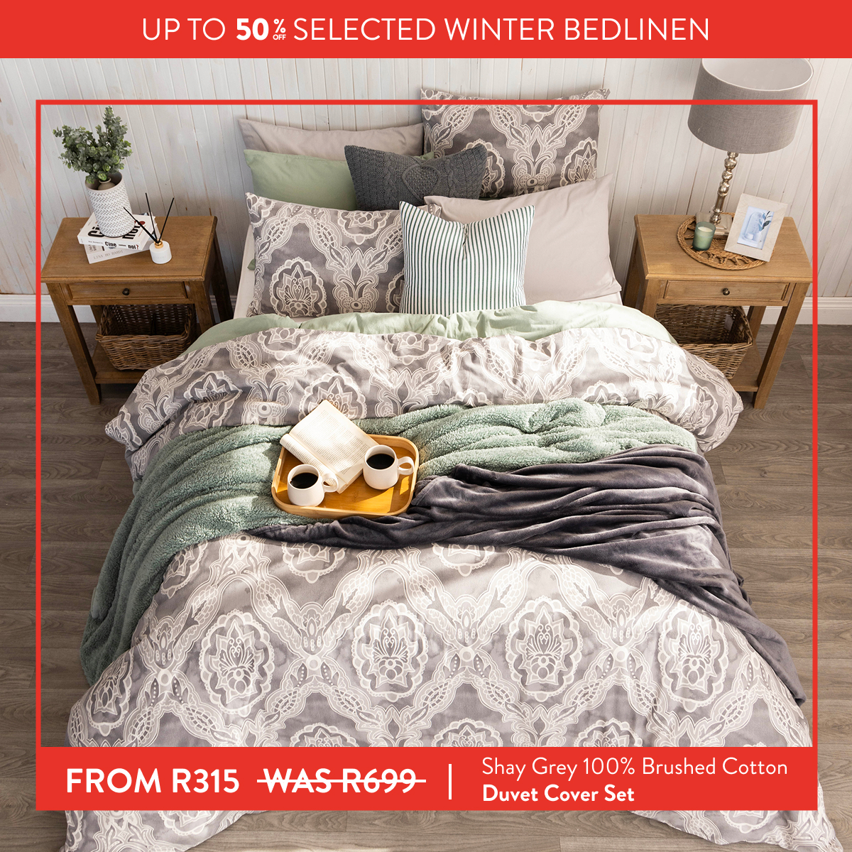 Up to 50% OFF Shay Grey 100% Brushed Cotton Duvet Cover Set FROM: 