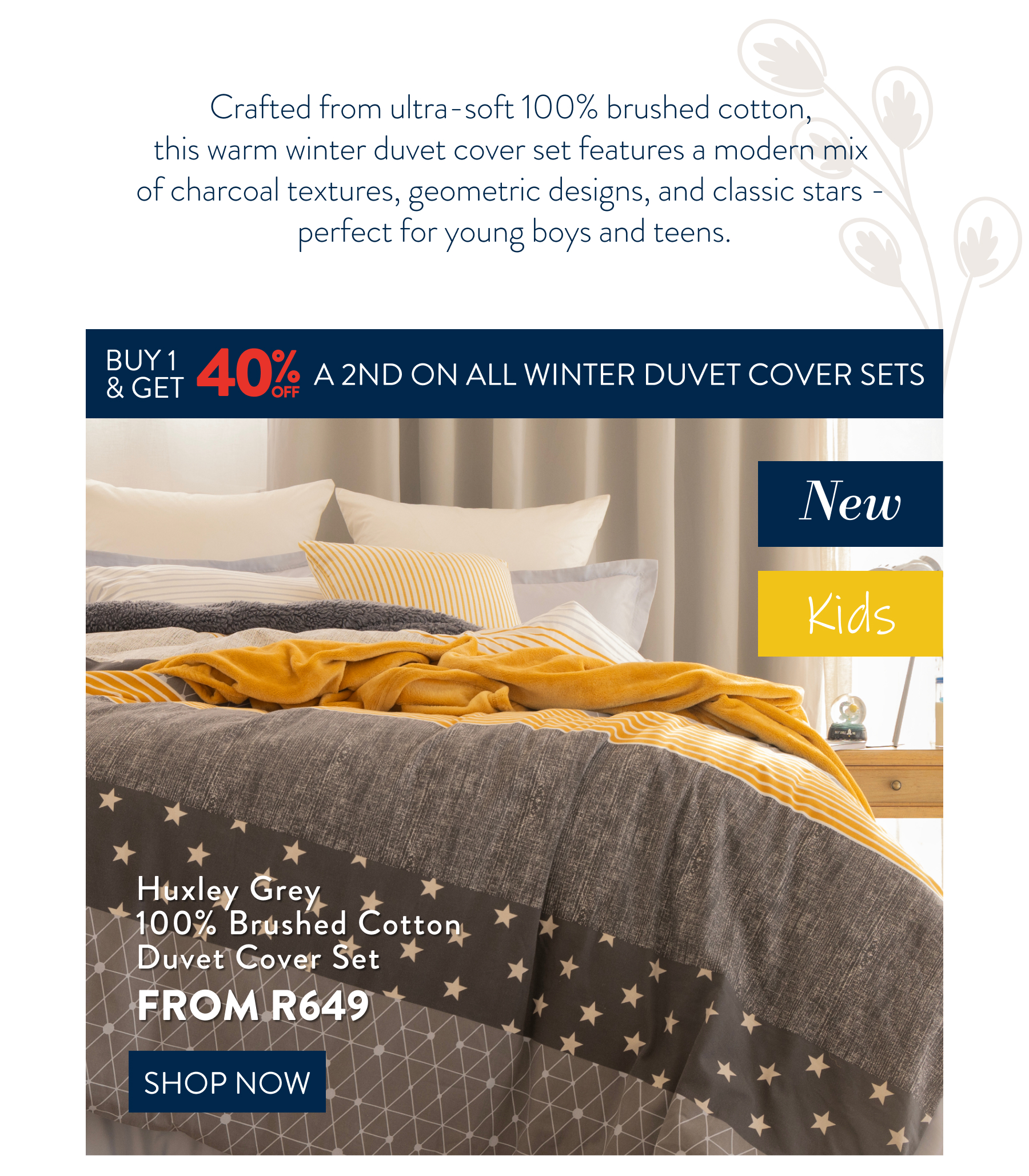 HUXLEY GREY DUVET COVER SET FROM: 