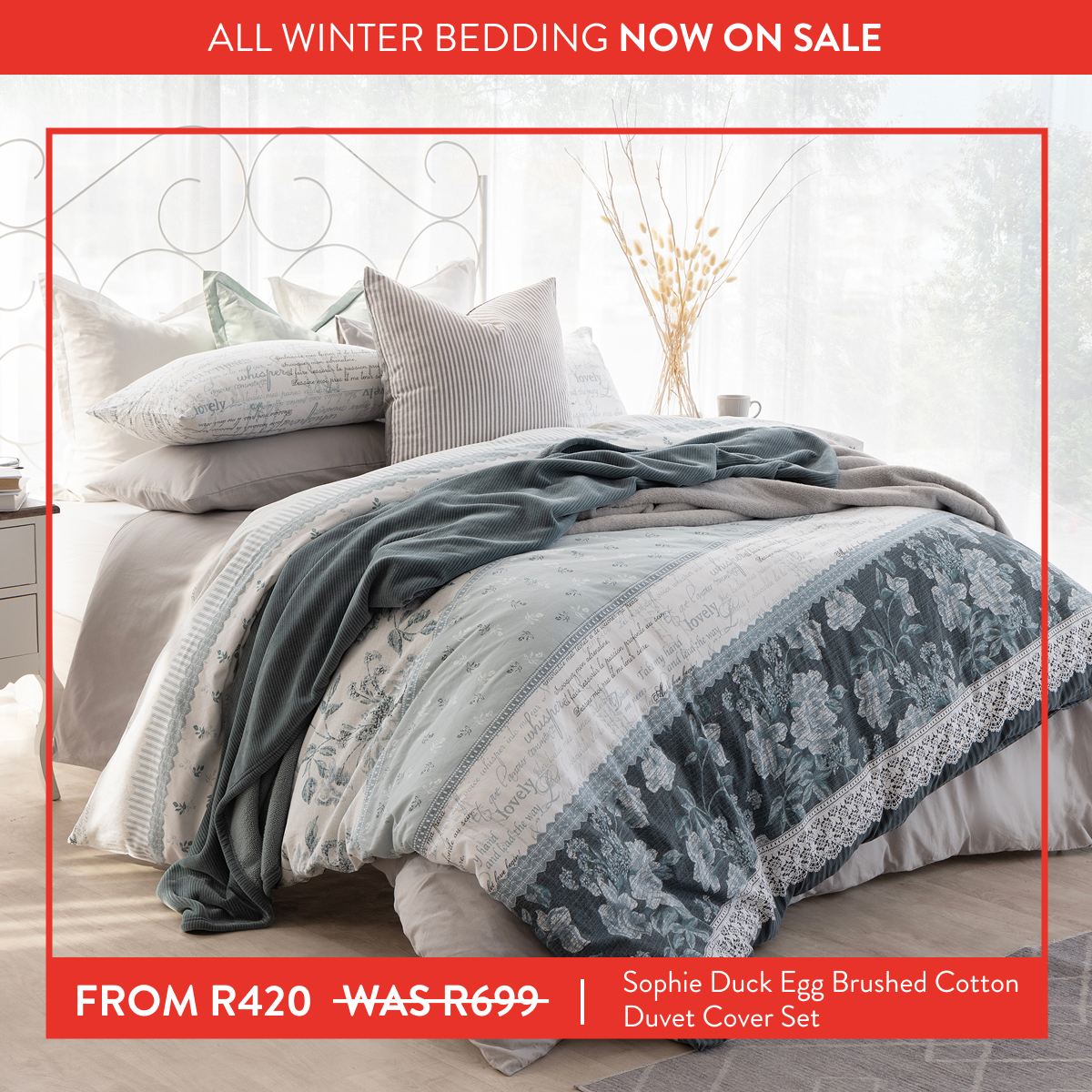 Up to 40% OFF Sophie Duck Egg Brushed Cotton DCS & Up to 40% OFF Winter Sheeting FROM: 