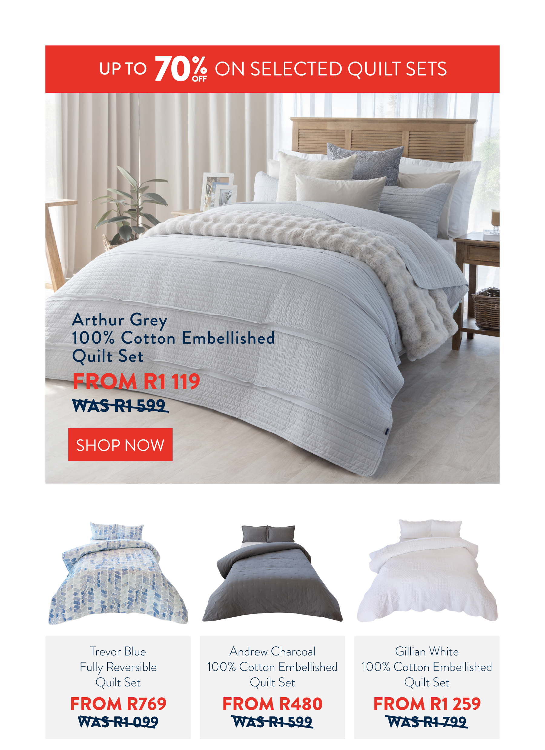 Up to 70% OFF On Selected Quilt Sets FROM: 