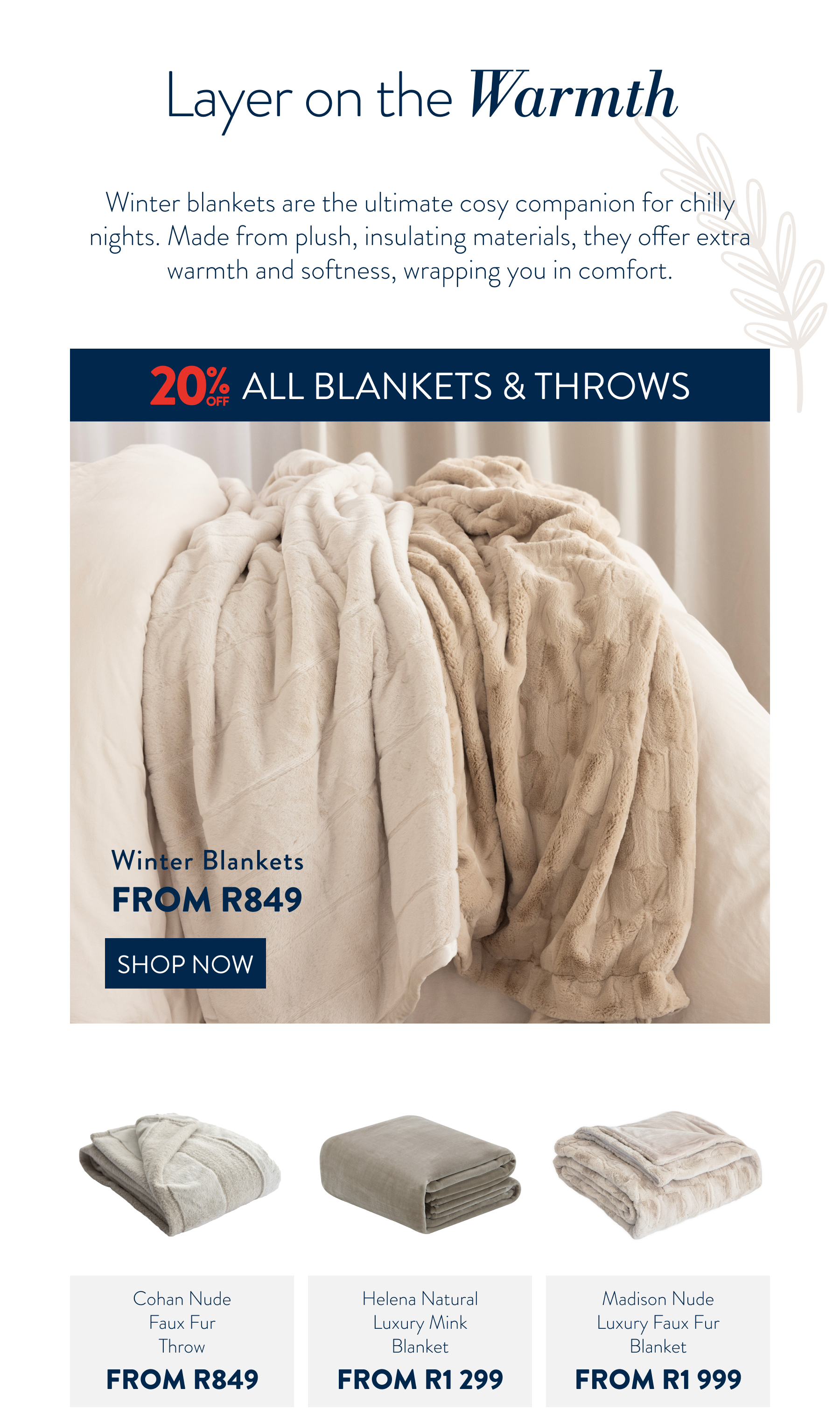 20% OFF ALL BLANKETS & THROWS FROM: