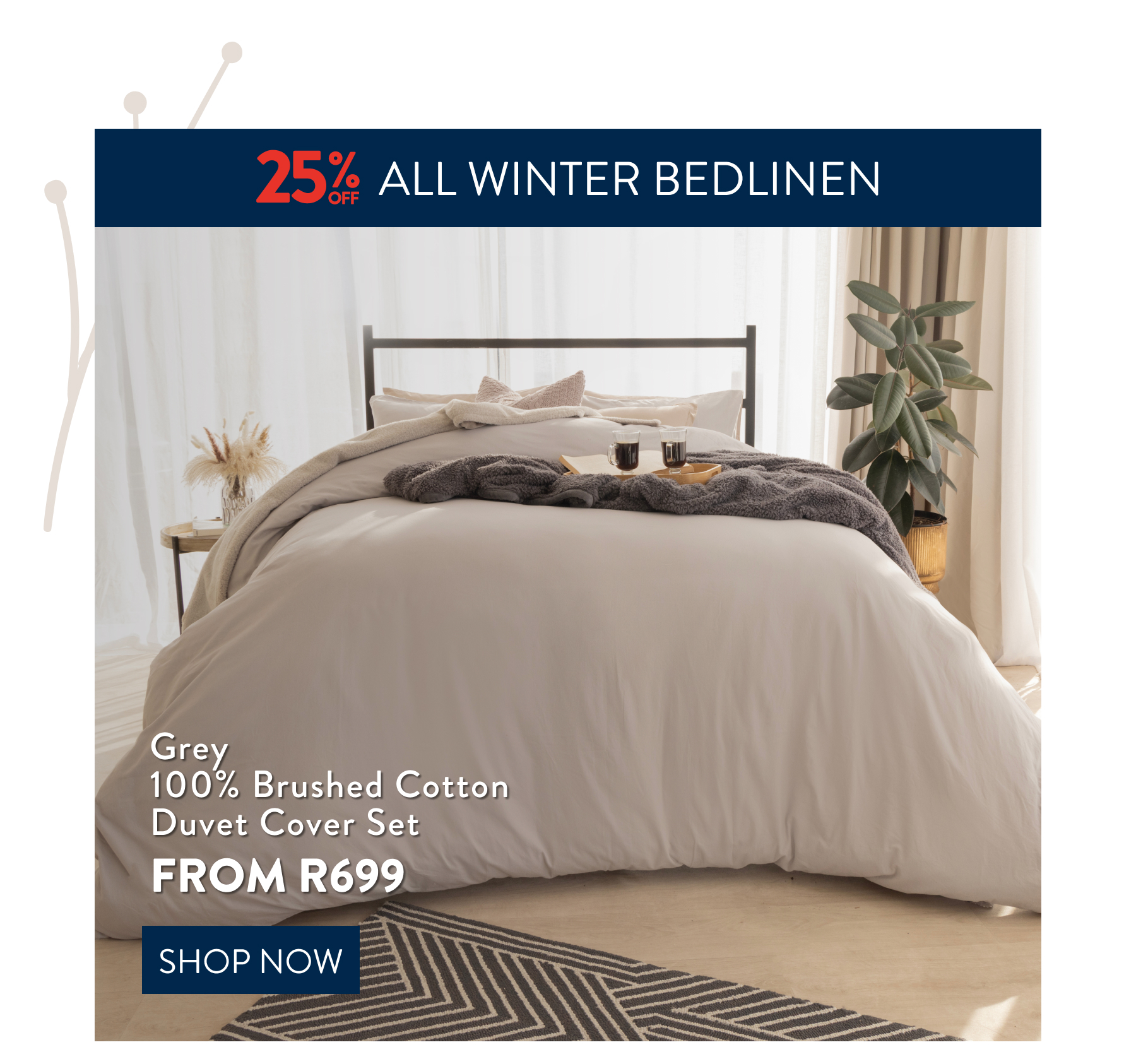 25% OFF Grey Brushed Cotton Duvet Cover Set FROM: 