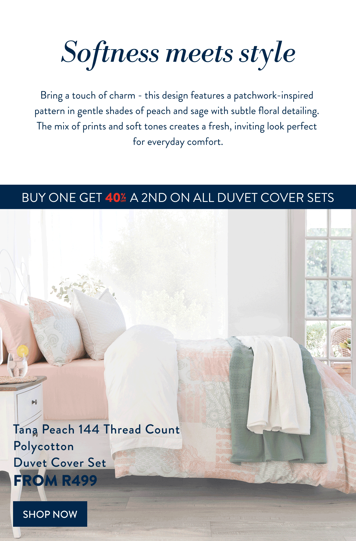 BUY 1 & GET 40% OFF 2ND DUVET COVER SETS - TANA PEACH NEW