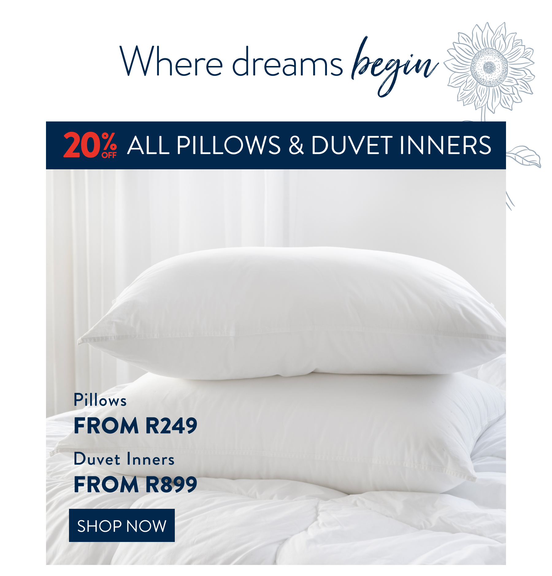 Get 20% OFF ALL Pillows & Duvet Inners FROM: